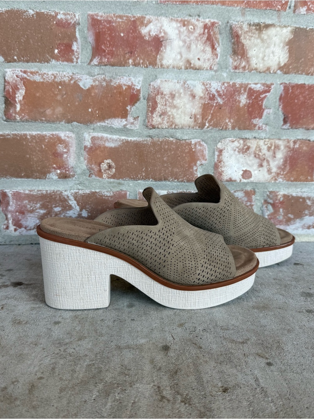 Pierre Dumas Taupe Perforated Suede Platform Mules